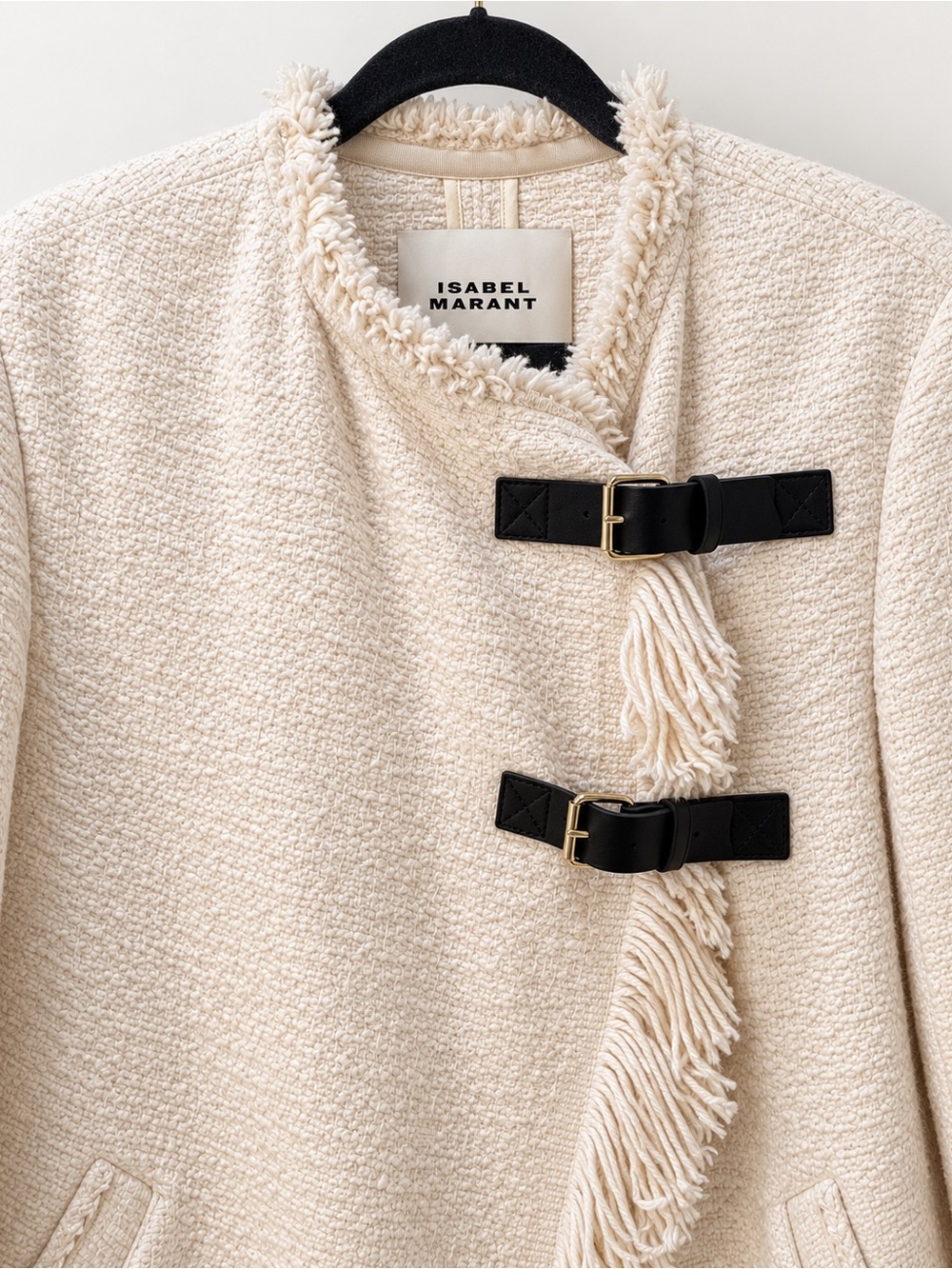 Isabel Marant Cream Bouclé Longline Coat Fringe Trim Black Buckles Size 38 FW25 - Picture 2 of 5